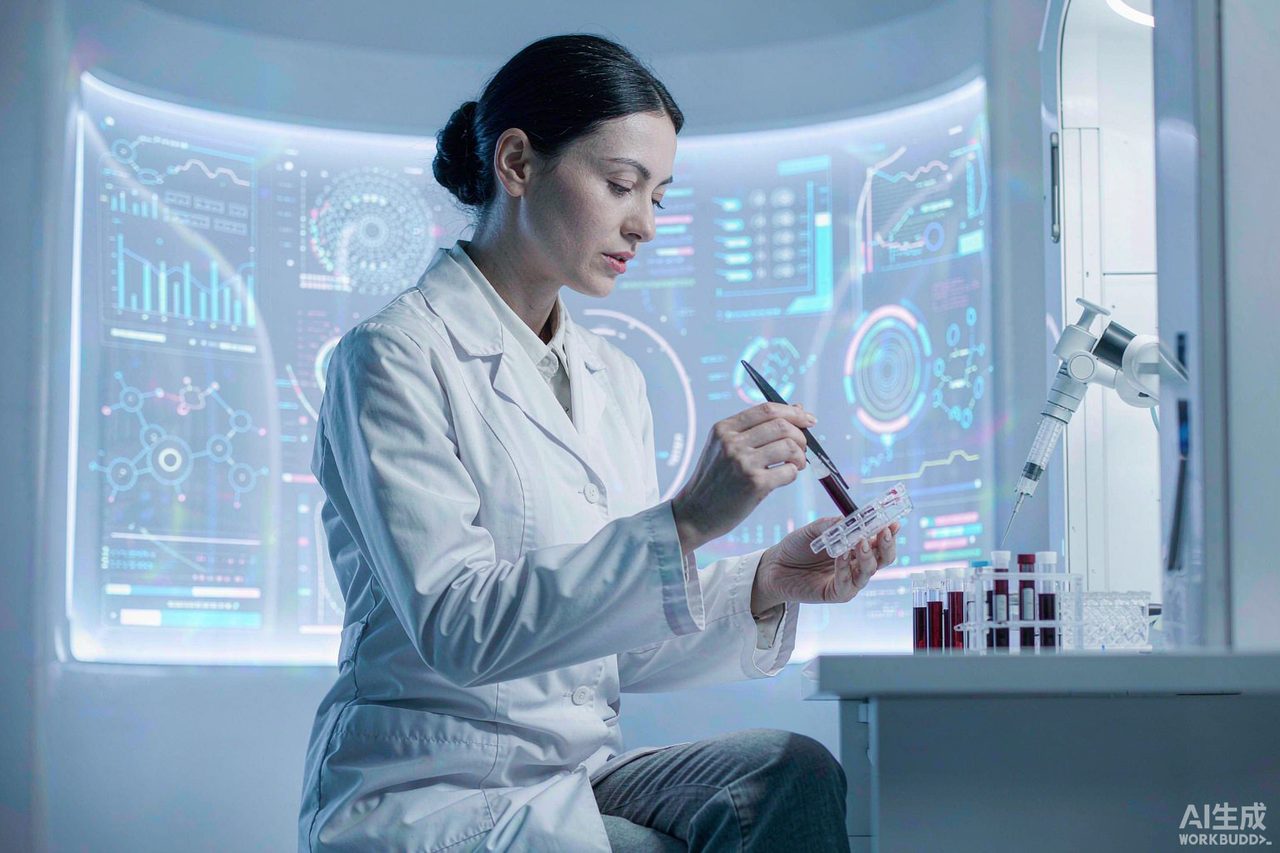 Scientist analyzing blood samples and biomarker data in a modern longevity diagnostics laboratory