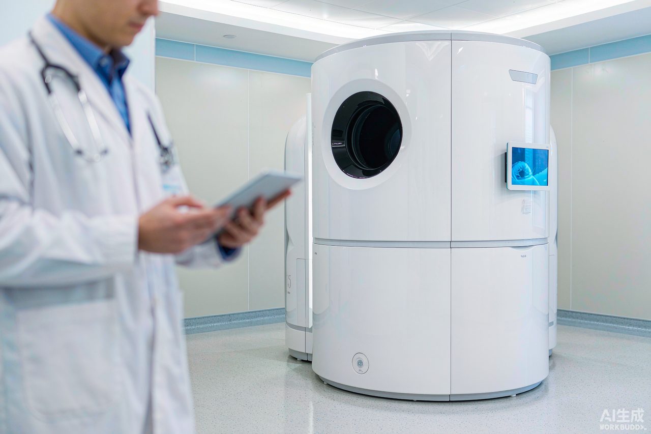 Whole-body MRI scanner in a bright modern hospital imaging suite with physician reviewing results