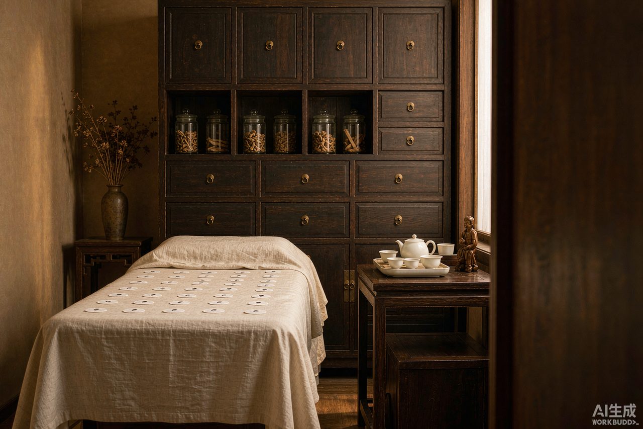 Elegant traditional Chinese medicine treatment room with acupuncture bed and herbal cabinets