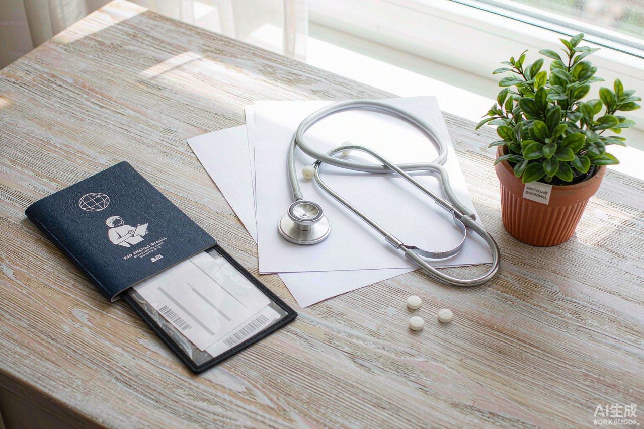 Passport, medical documents and stethoscope arranged on a desk, preparation for a medical trip to China
